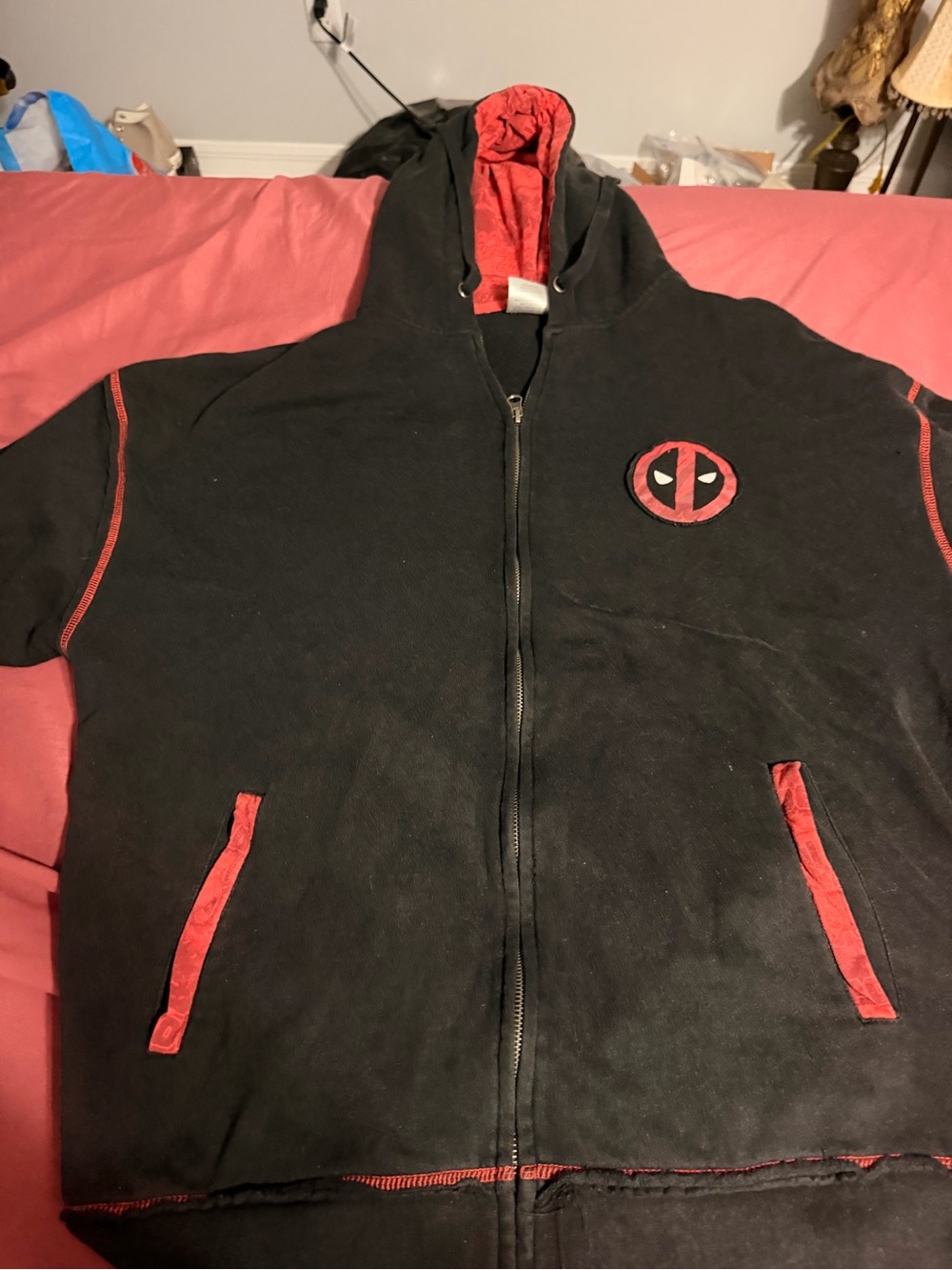 Marvel Black Zip-Up Hoodie with Red Accents and Deadpool Emblem